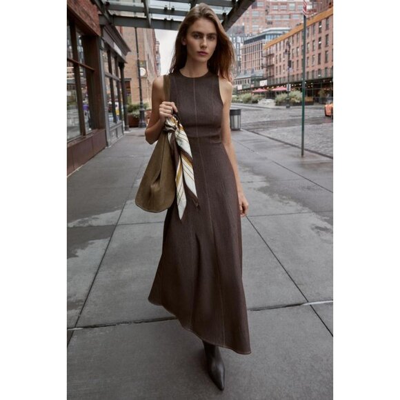 ZARA CONTRAST TOPSTITCHING MIDI DRESS - Picture 1 of 7